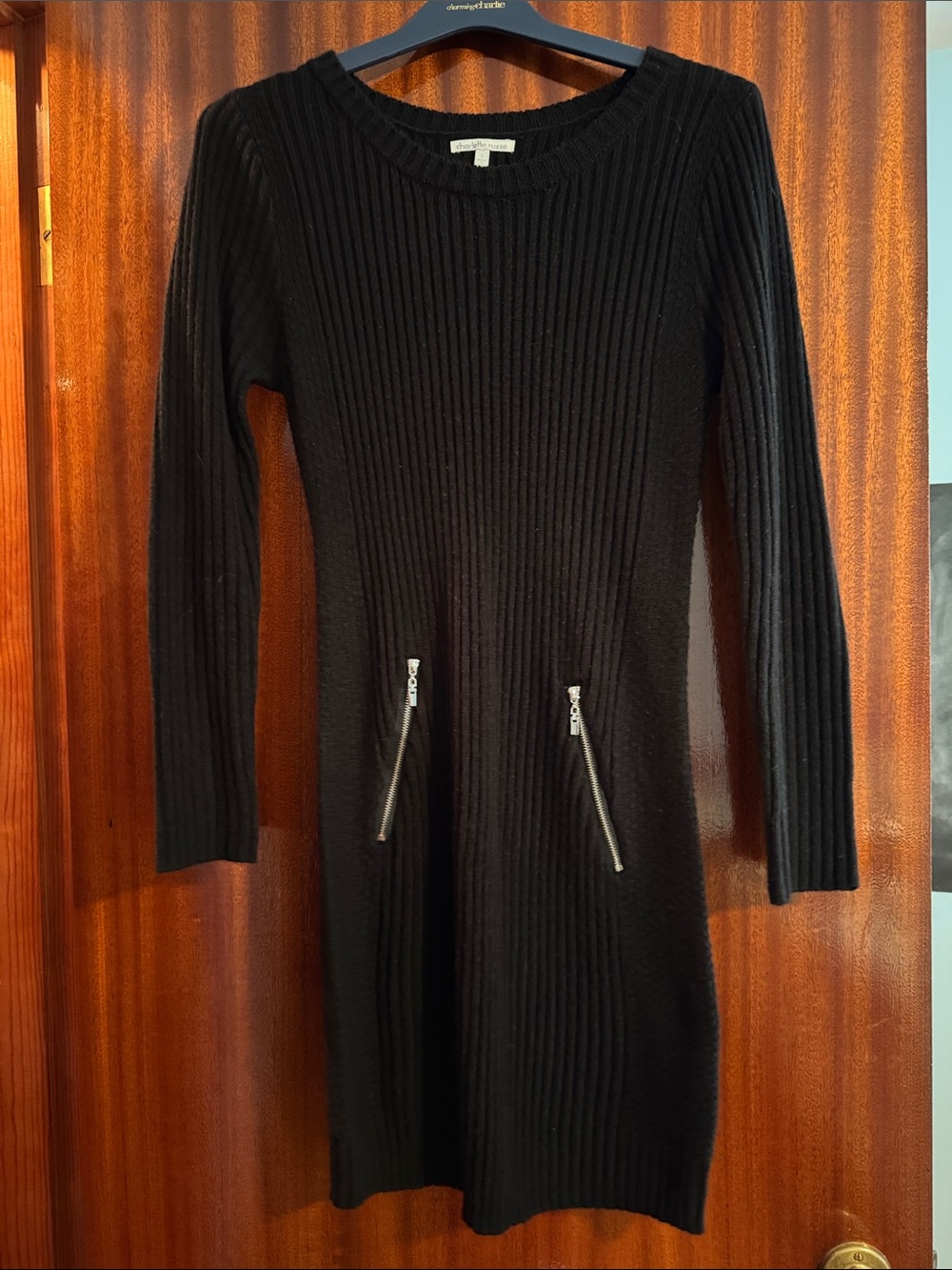 Charlotte Russe Black Ribbed Long Sleeve Sweater Dress with Zipper Pockets